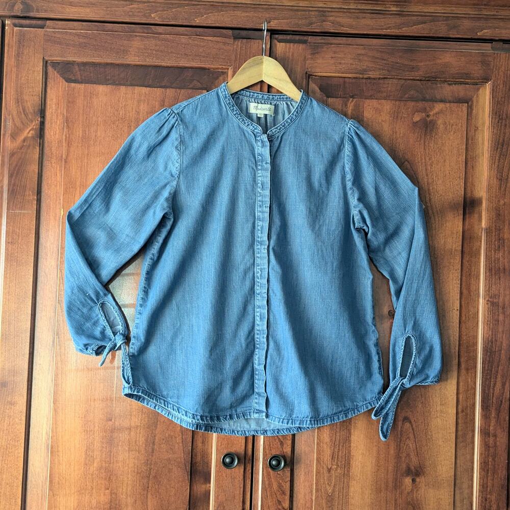 Madewell Denim Tie-Sleeve Shirt Popover Blouse Blue Wash - Size XS (Fits S)